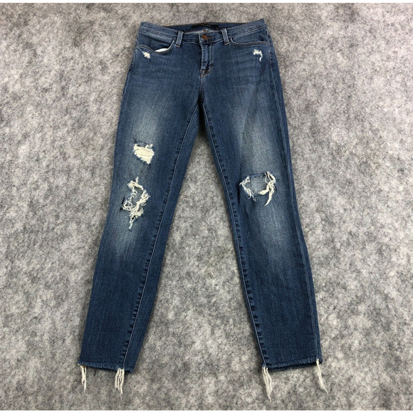 J Brand Womens Jeans 27 Blue Cropped Skinny Mid Rise Distressed Stretch USA Made - Picture 1 of 12